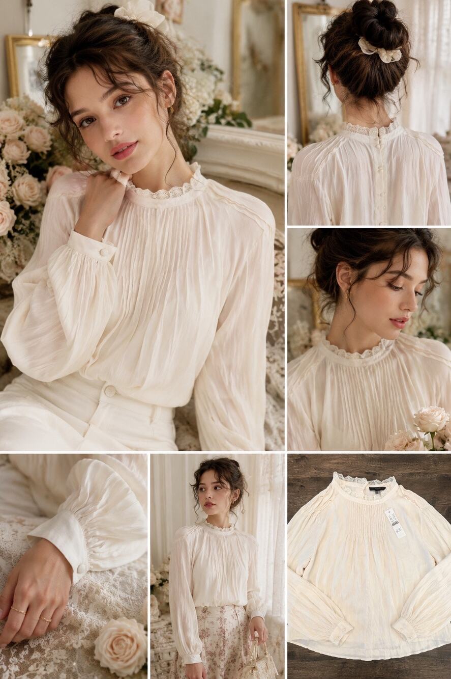 NWT J.Crew Romantic Lace Trim Pintuck Blouse Ivory Cottagecore Prairie Victorian